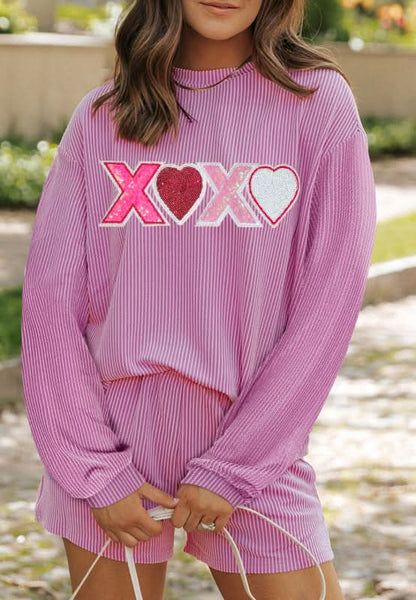 XOXO Sequin Heart Long Sleeve Top and Shorts Set for Valentine’s Day