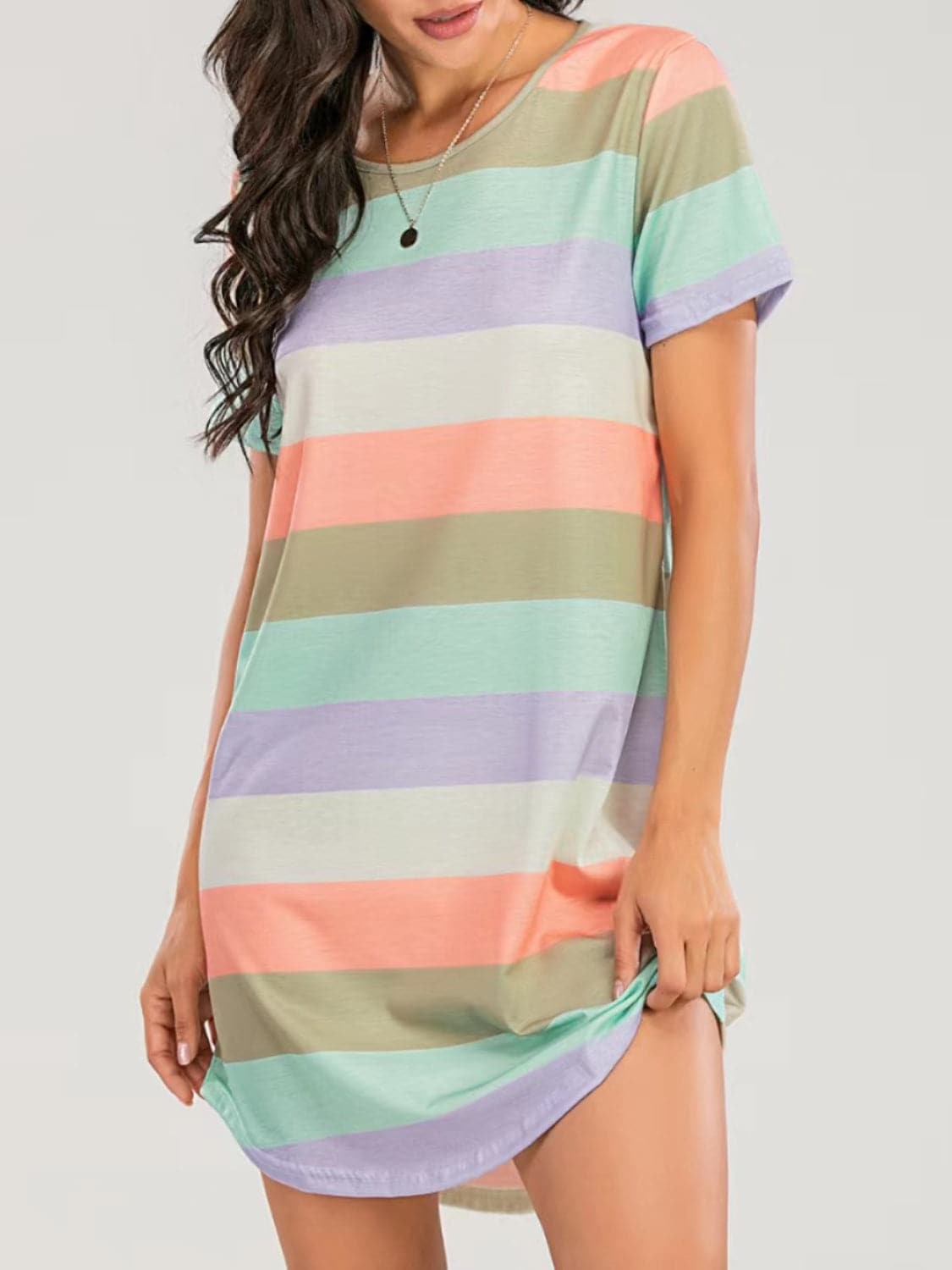 Striped Round Neck Short Sleeve Tee Dress.