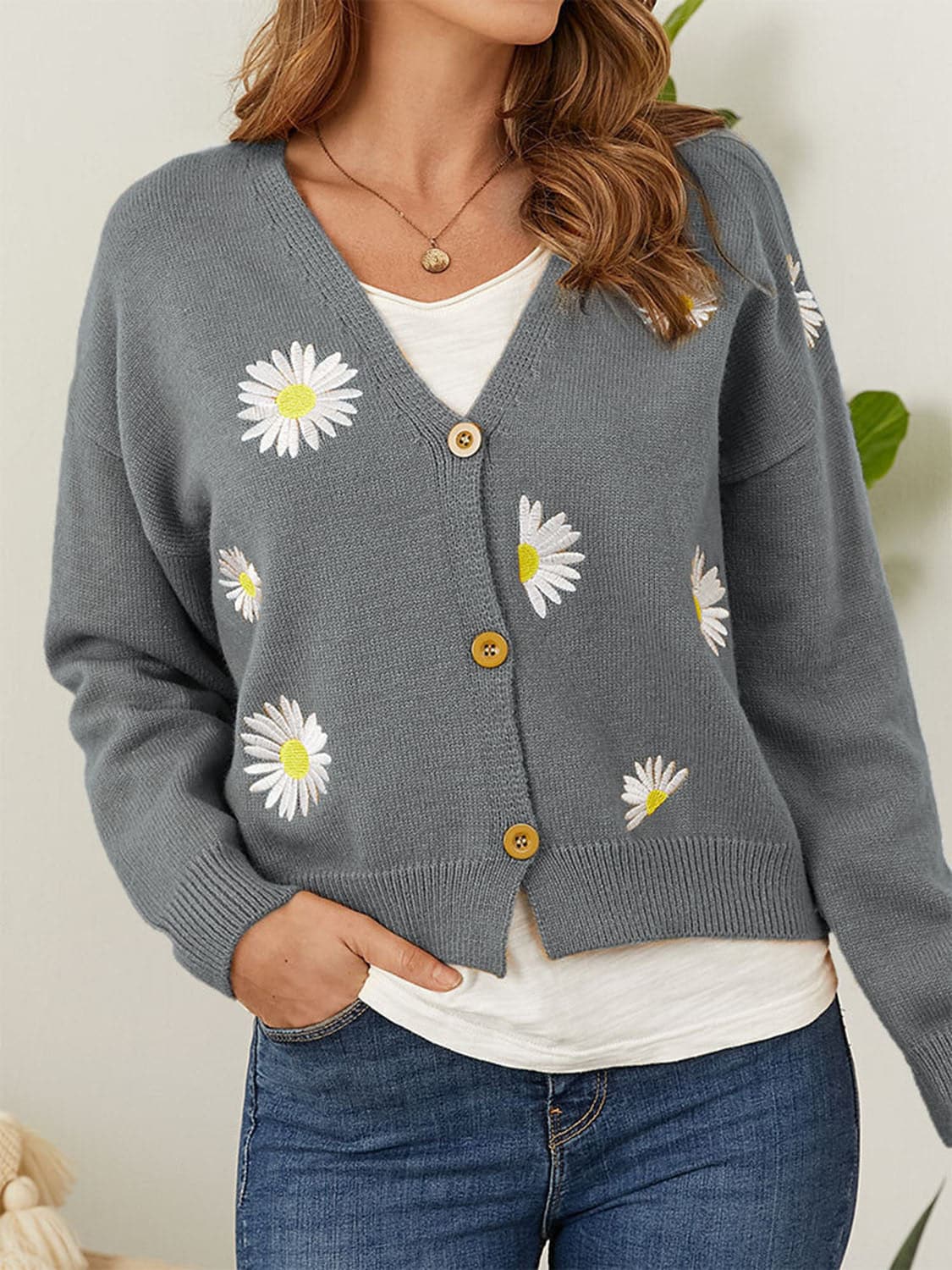 Flower Button Front Dropped Shoulder Cardigan.