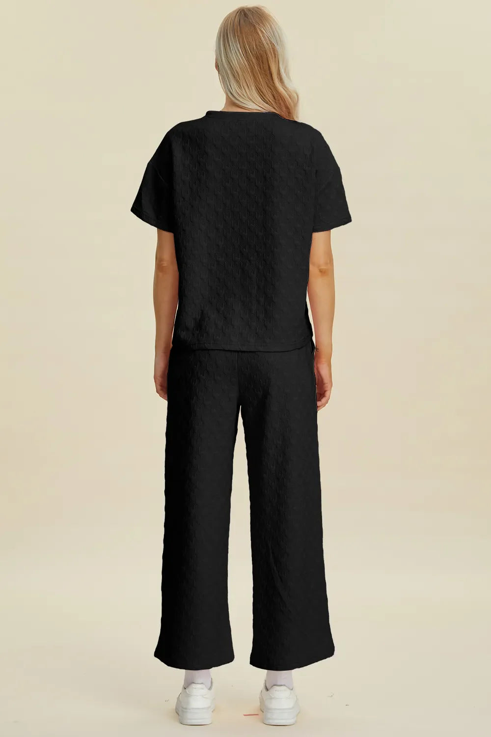 Double Take Full Size Texture Round Neck Short Sleeve Top and Pants Set