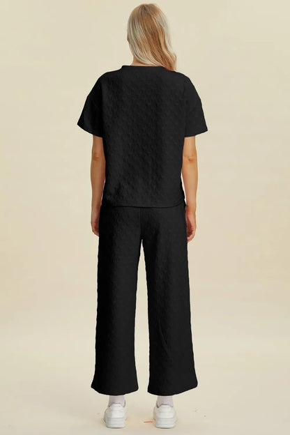 Double Take Full Size Texture Round Neck Short Sleeve Top and Pants Set