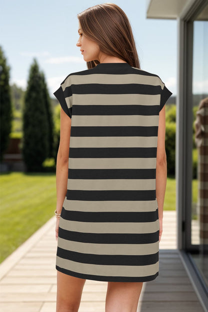 Striped Round Neck Cap Sleeve Mini Dress.