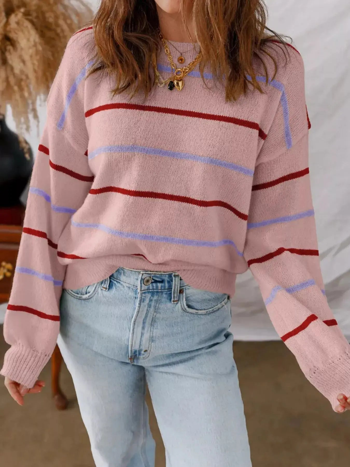Striped Knit Round Neck Sweater Simply Love