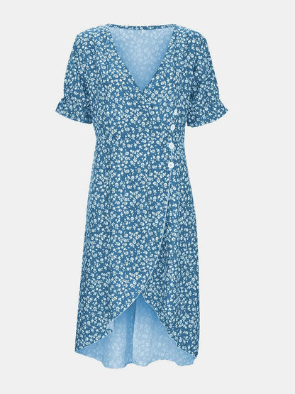 Full Size Printed Surplice Flounce Sleeve Midi Dress.