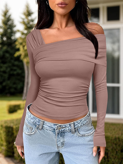 Ruched One Shoulder Long Sleeve T-Shirt.