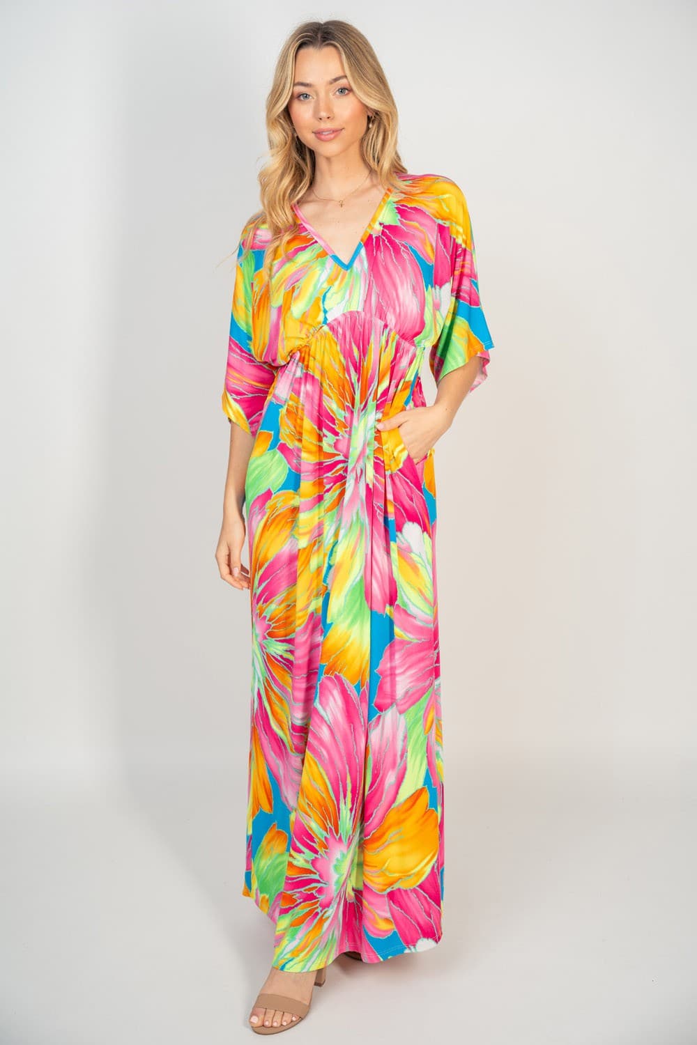 White Birch Printed V-Neck Maxi Dress with Pockets.