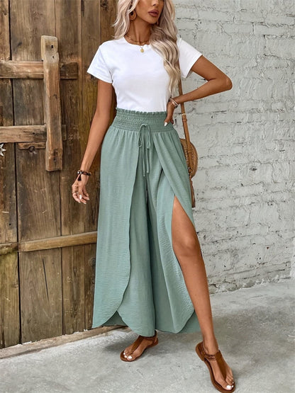 Tied high-waisted wide-leg trousers