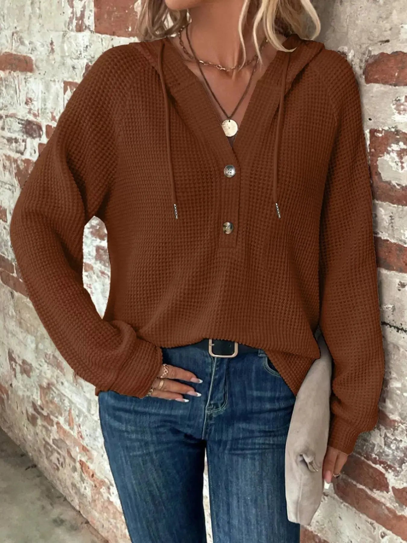 Waffle Knit Button Detail Hoodie Simply Love