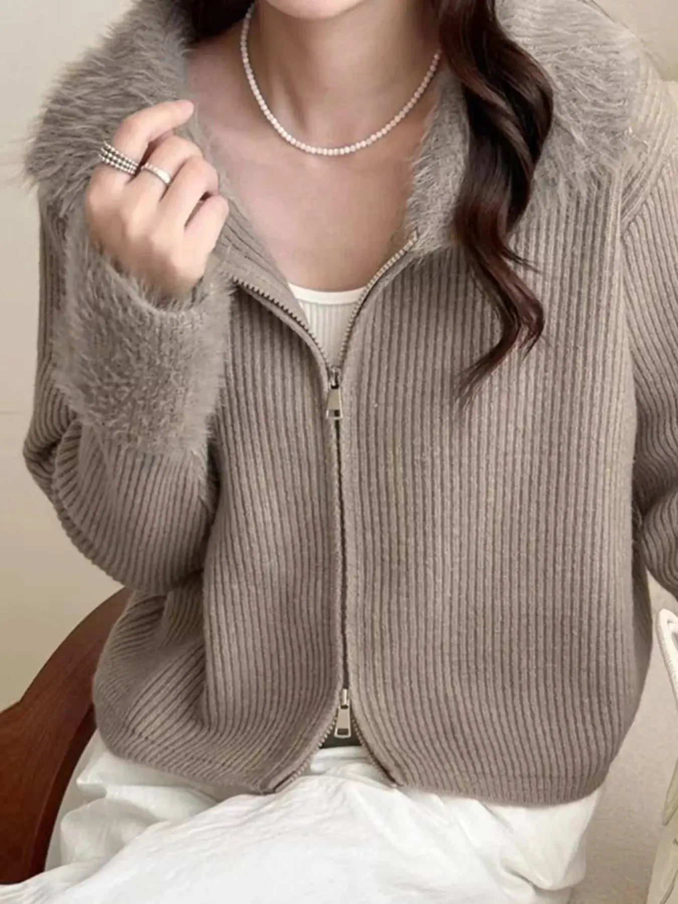 Fluffy Trim Zip-Up Cardigan Simply Love