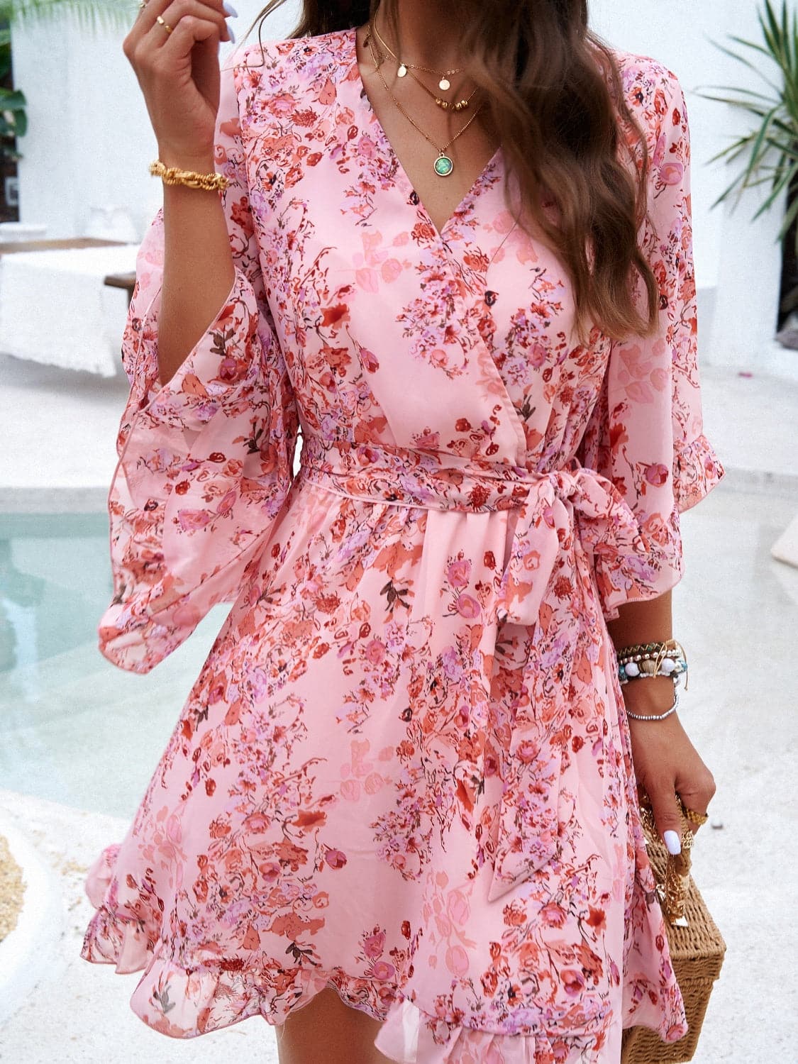 Ruffled Printed Surplice Half Sleeve Mini Dress.