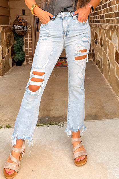 Chic Beau Blue distressed straight-leg jeans for a timeless casual look