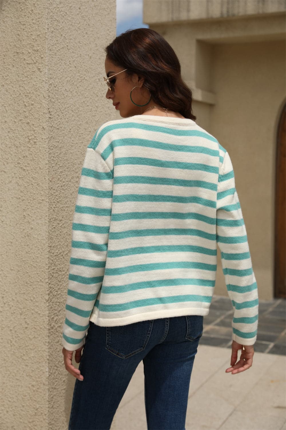 Striped Round Neck Button-Down Dropped Shoulder Cardigan.