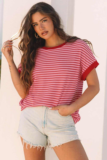 Striped Pink Knit Round Neck T-Shirt for Casual Wear