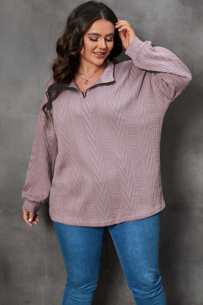 Curvy chic textured knit zip-up pullover