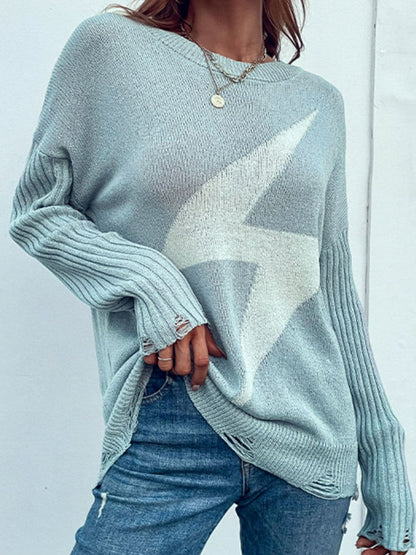 Lightning Graphic Distressed Sweater.