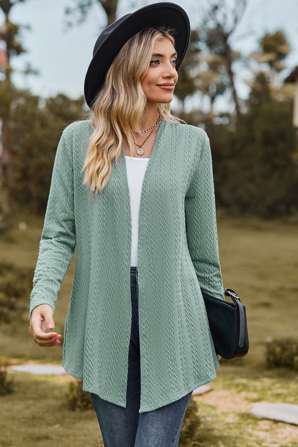 Textured Open Front Long Sleeve Cardigan.