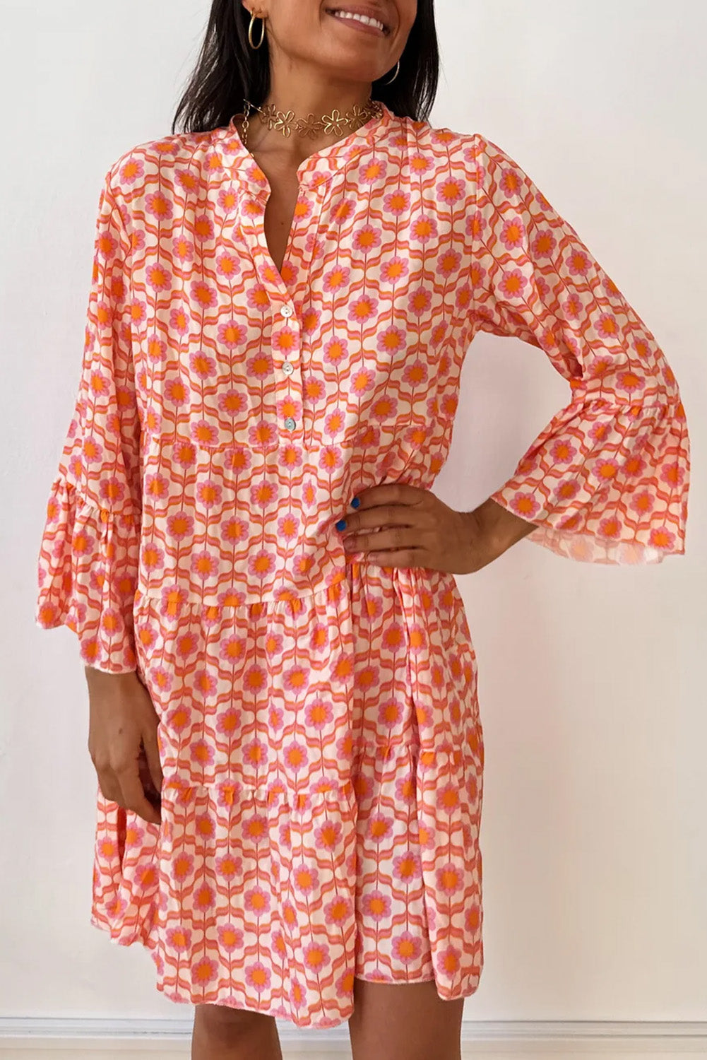 Chic Orange Floral Print Flounce Sleeve Buttoned Front Mini Dress