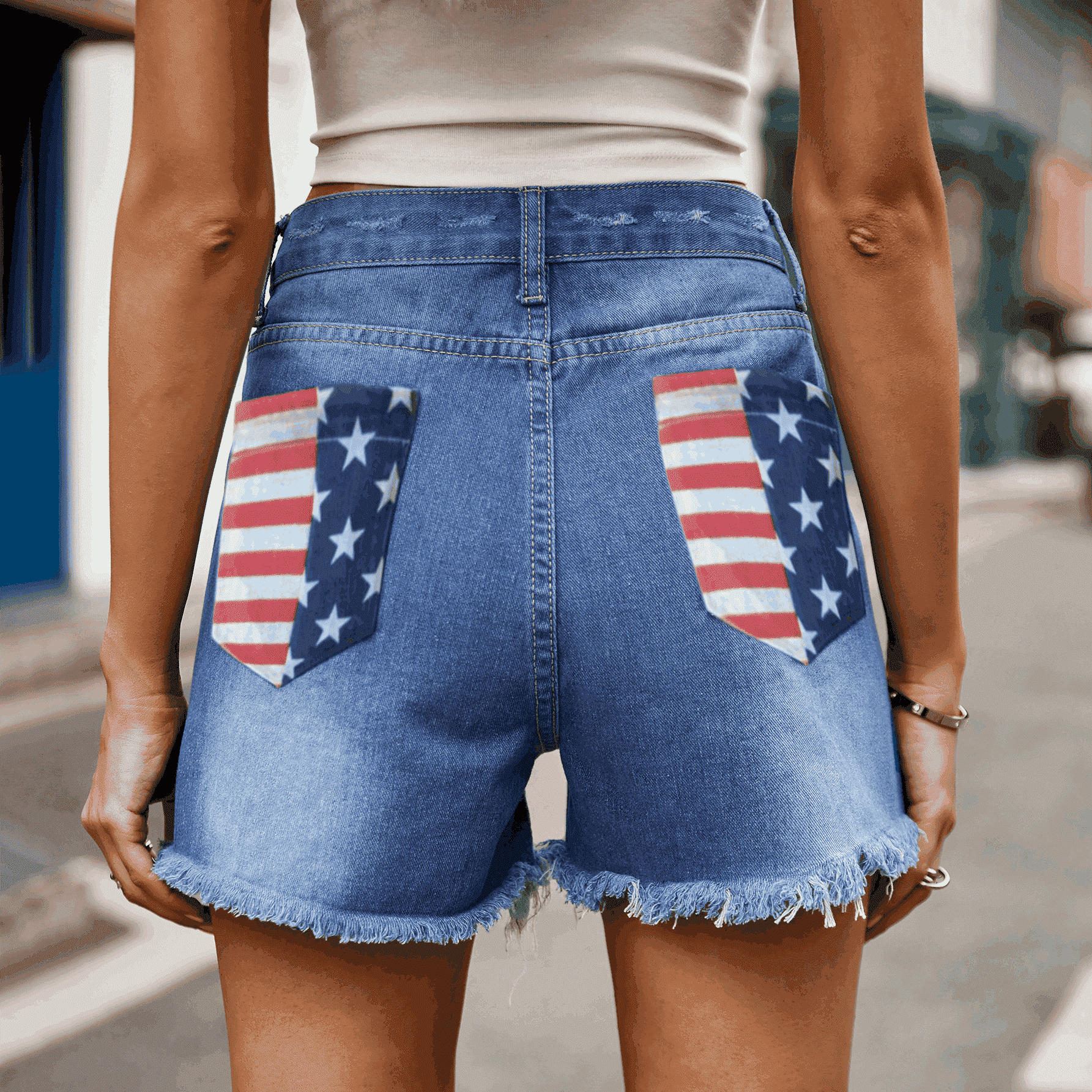 US Flag Distressed Denim Shorts.