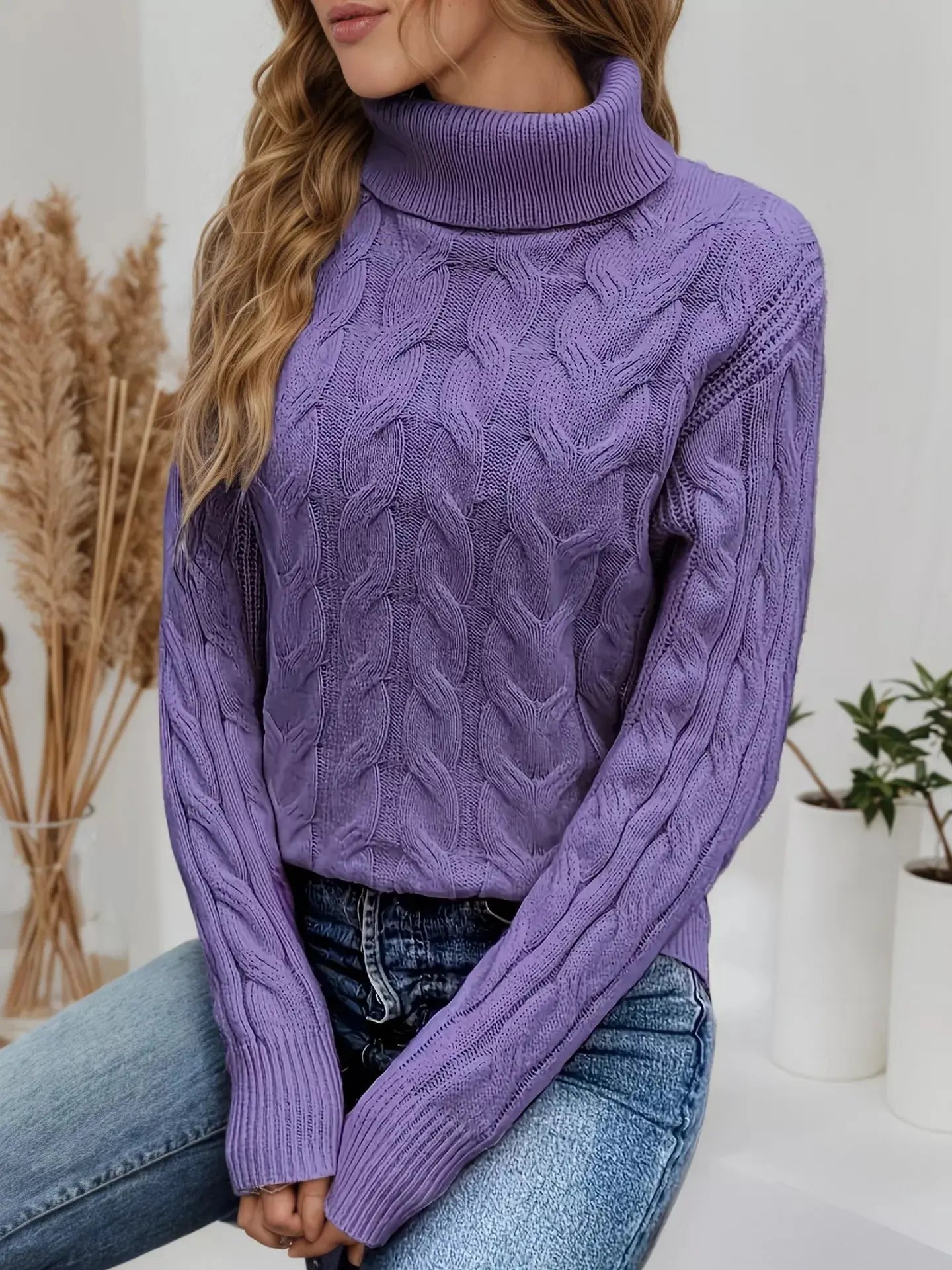 Cable Knit Turtleneck Long Sleeve Sweater Simply Love