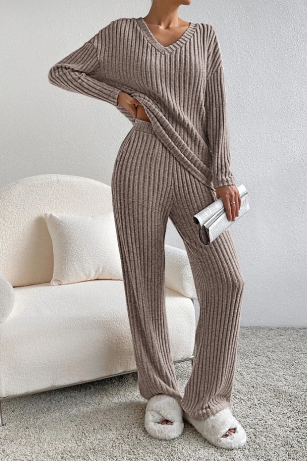 Ribbed V-Neck Top and Pants Set.