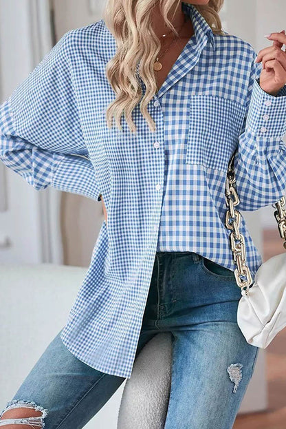 Sky blue plaid patchwork button-up shirt with long sleeves