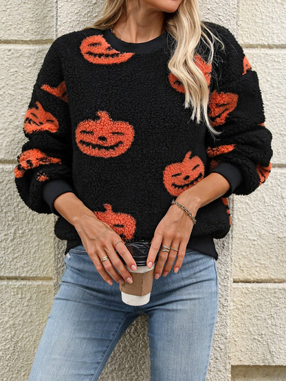 Fuzzy Pumpkin Round Neck Dropped Shoulder Sweater.