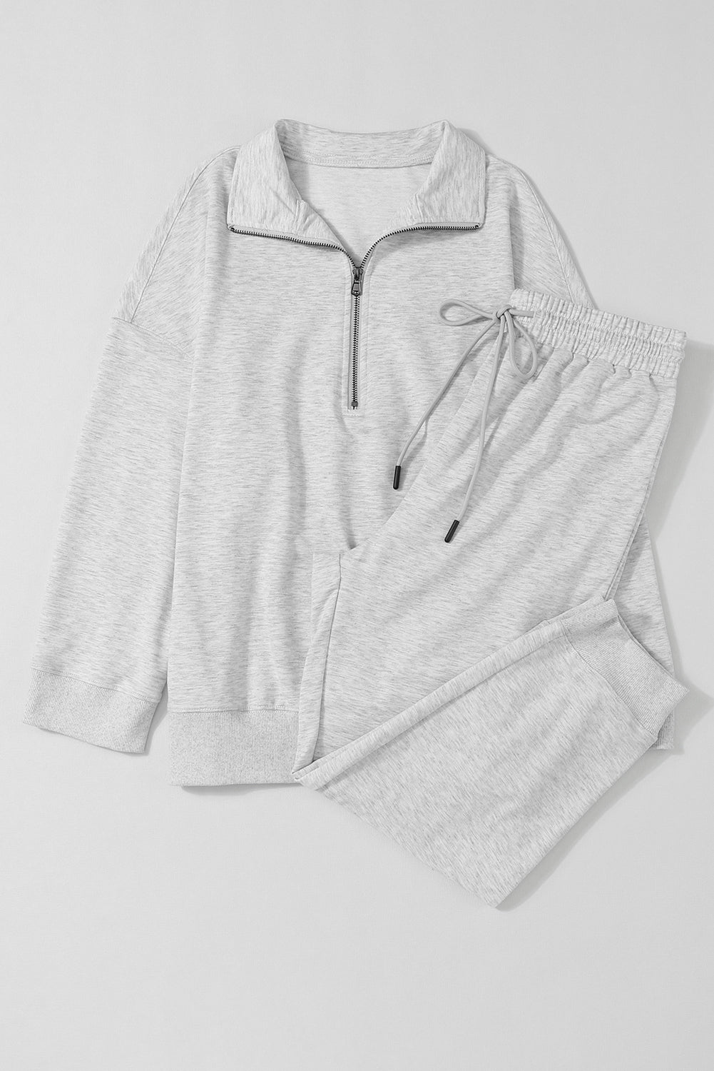 Cozy gray half-zip lounge set with drawstring high-waist pants