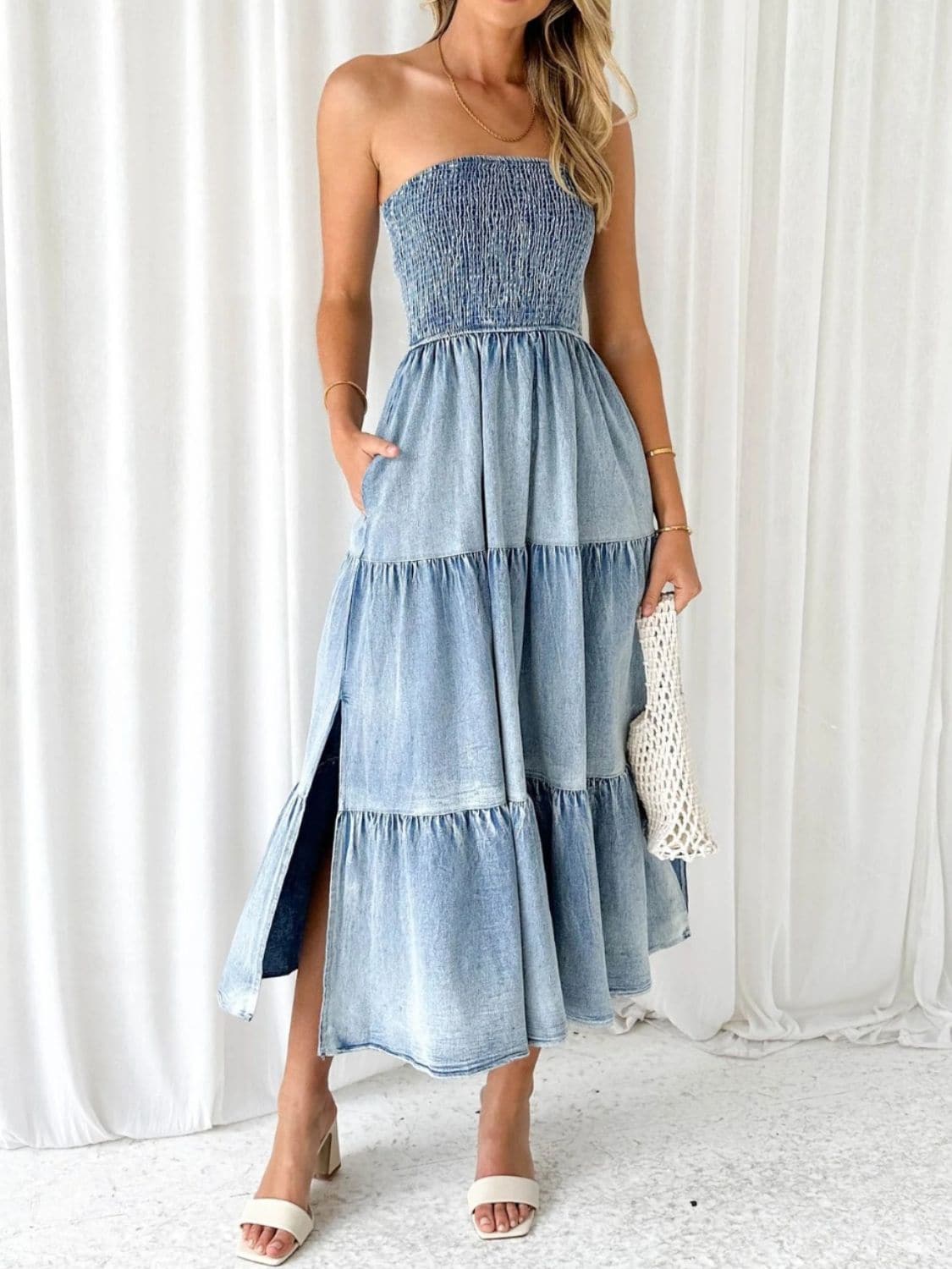 Slit Smocked Tube Tiered Denim Dress.