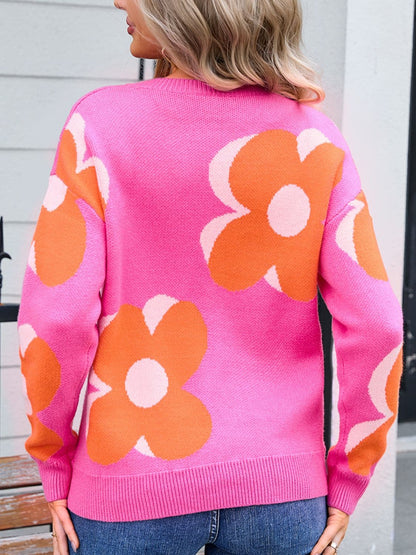 Floral print round neck long sleeve pullover sweater