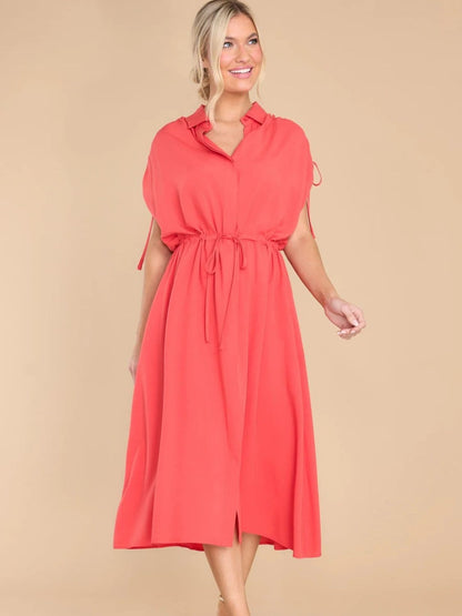 Drawstring Collared Neck Short Sleeve Midi Dress.