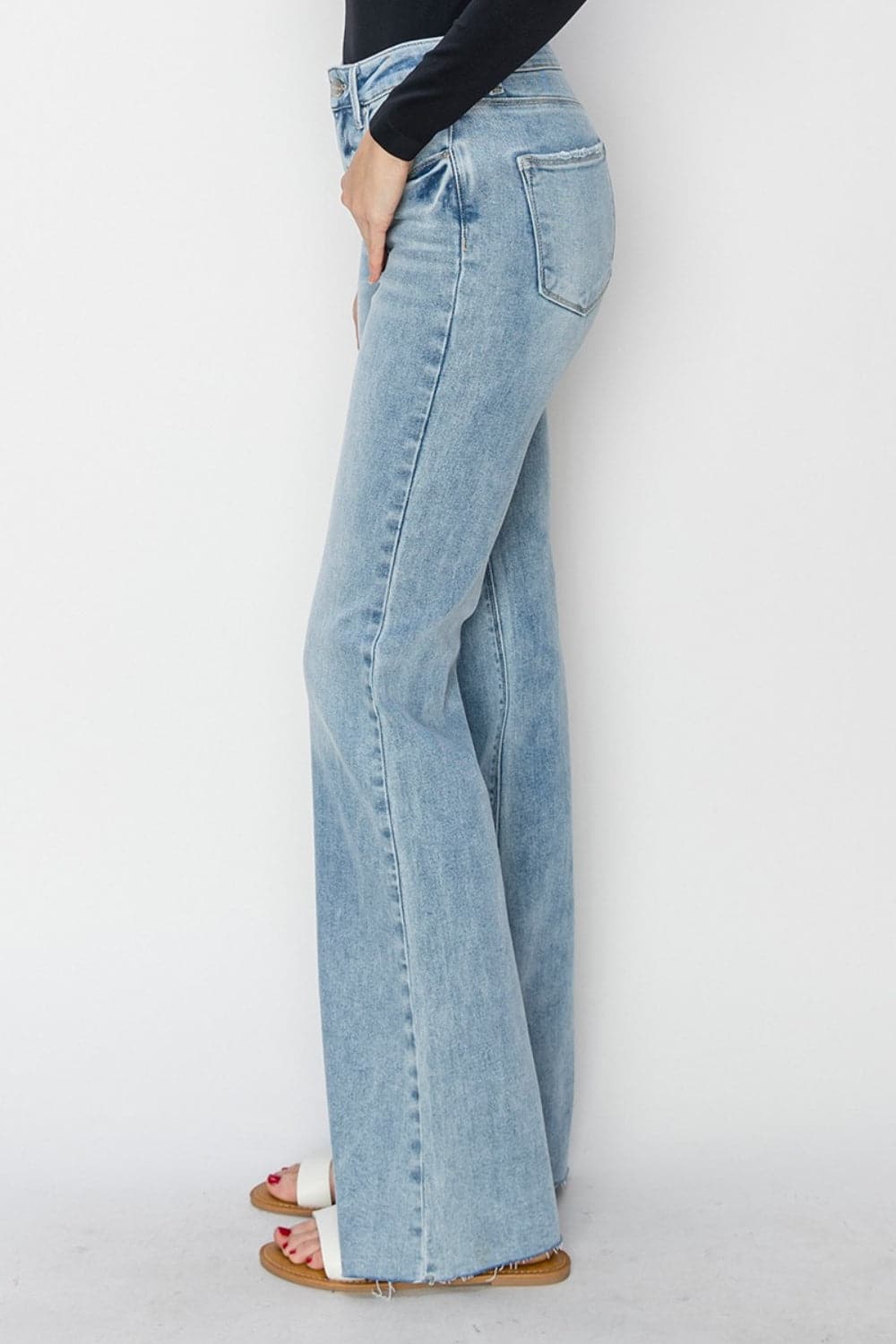 RISEN Full Size High Rise Raw Cut Hem Bootcut Jeans.