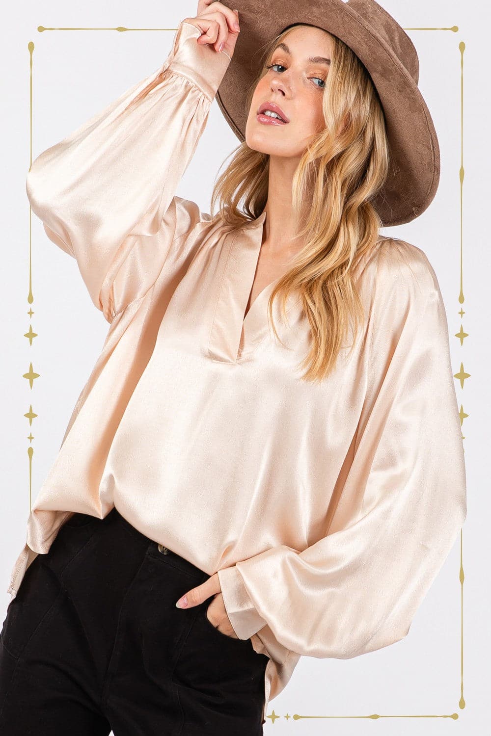 Chic notched long sleeve blouse by SAGE + FIG