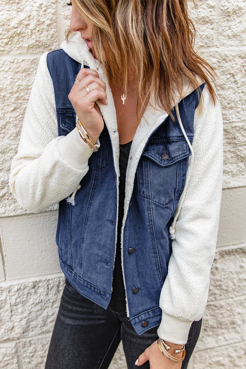 Two-Tone Spliced Denim Sherpa Hooded Jacket.