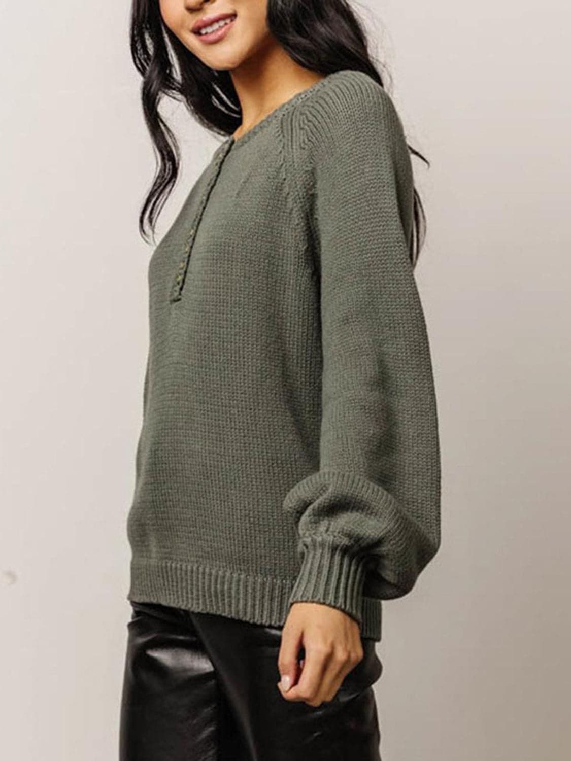 Buttoned Round Neck Long Sleeve Sweater.