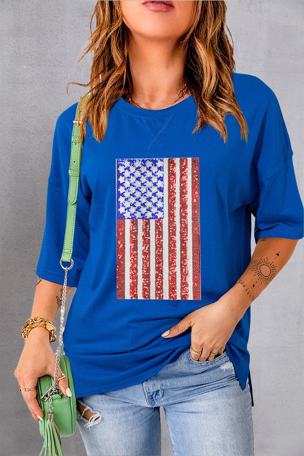 US flag sequin half sleeve tee with round neck in blue, featuring a shimmering sequin design.