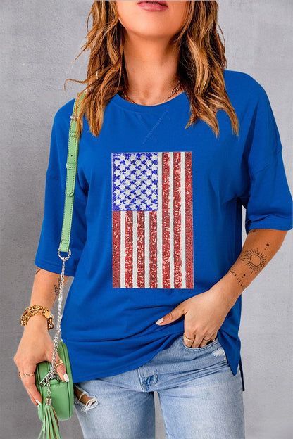 US flag sequin half sleeve tee with round neck in blue, featuring a shimmering sequin design.