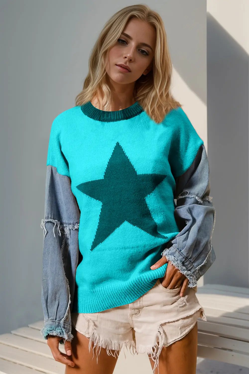 Double Take Full Size Star Pattern Raw Edge Long Sleeve Sweater - Love Salve
