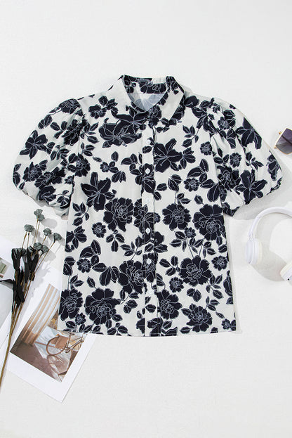 Floral Print Short Sleeve Casual Shirt in Black