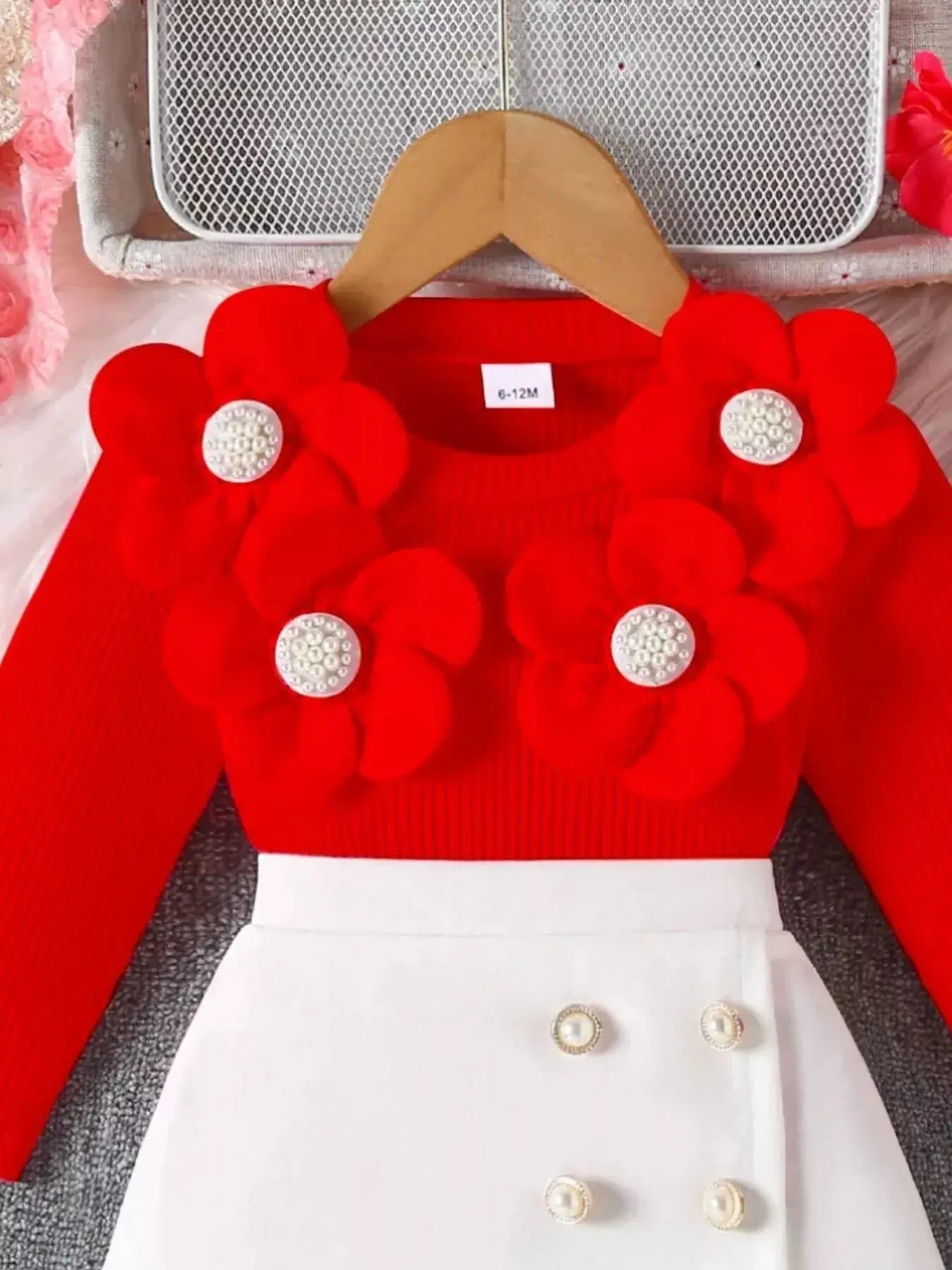 Children's Floral Applique Ribbed Top & Button Decor Skirt Set Simply Love