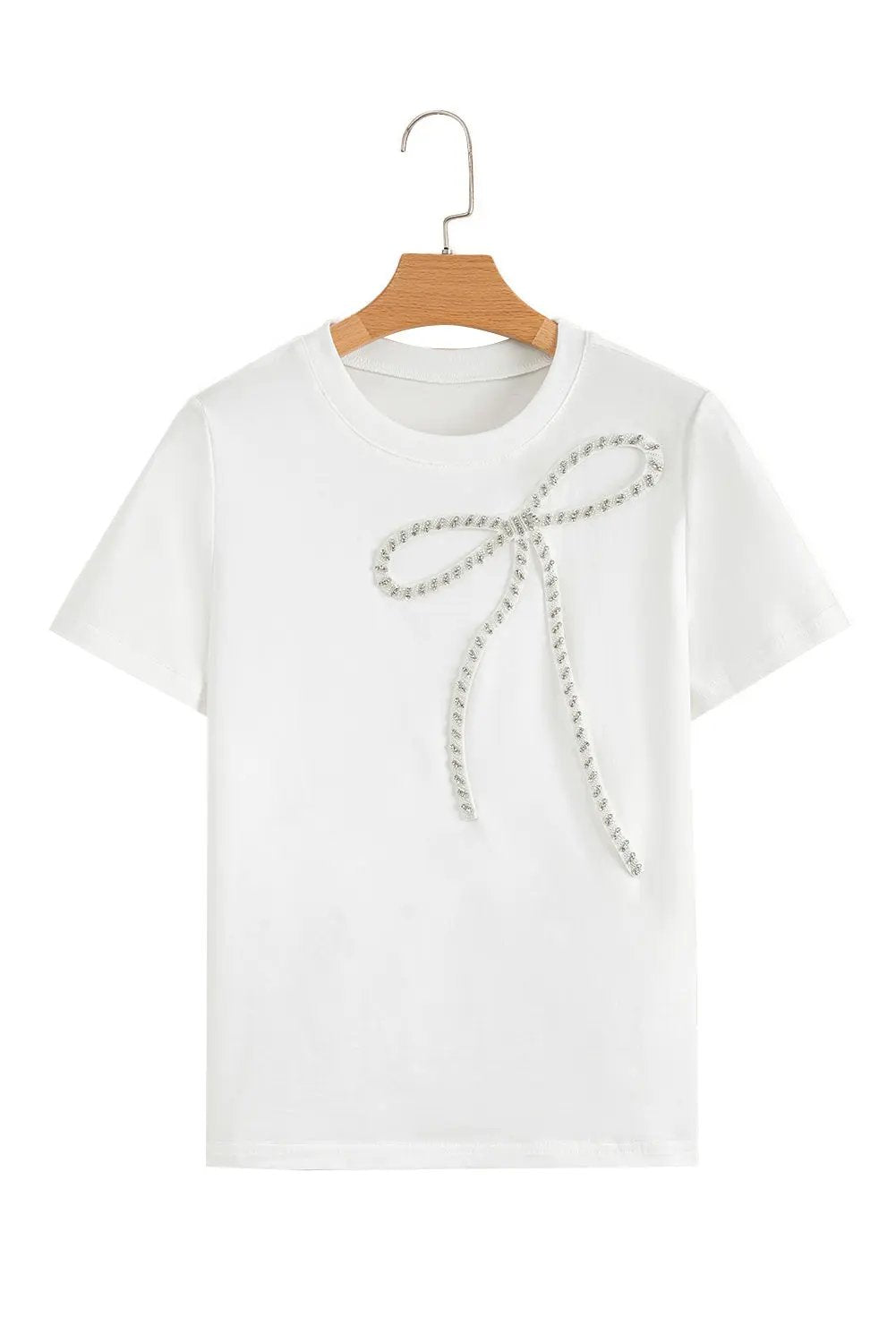 White Rhinestone Bow Embellished Round Neck Tee for Women Love Salve