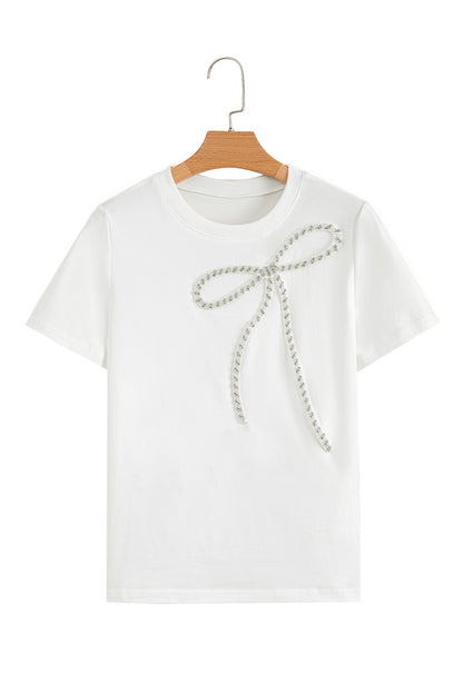 White Rhinestone Bow Embellished Round Neck Tee for Women