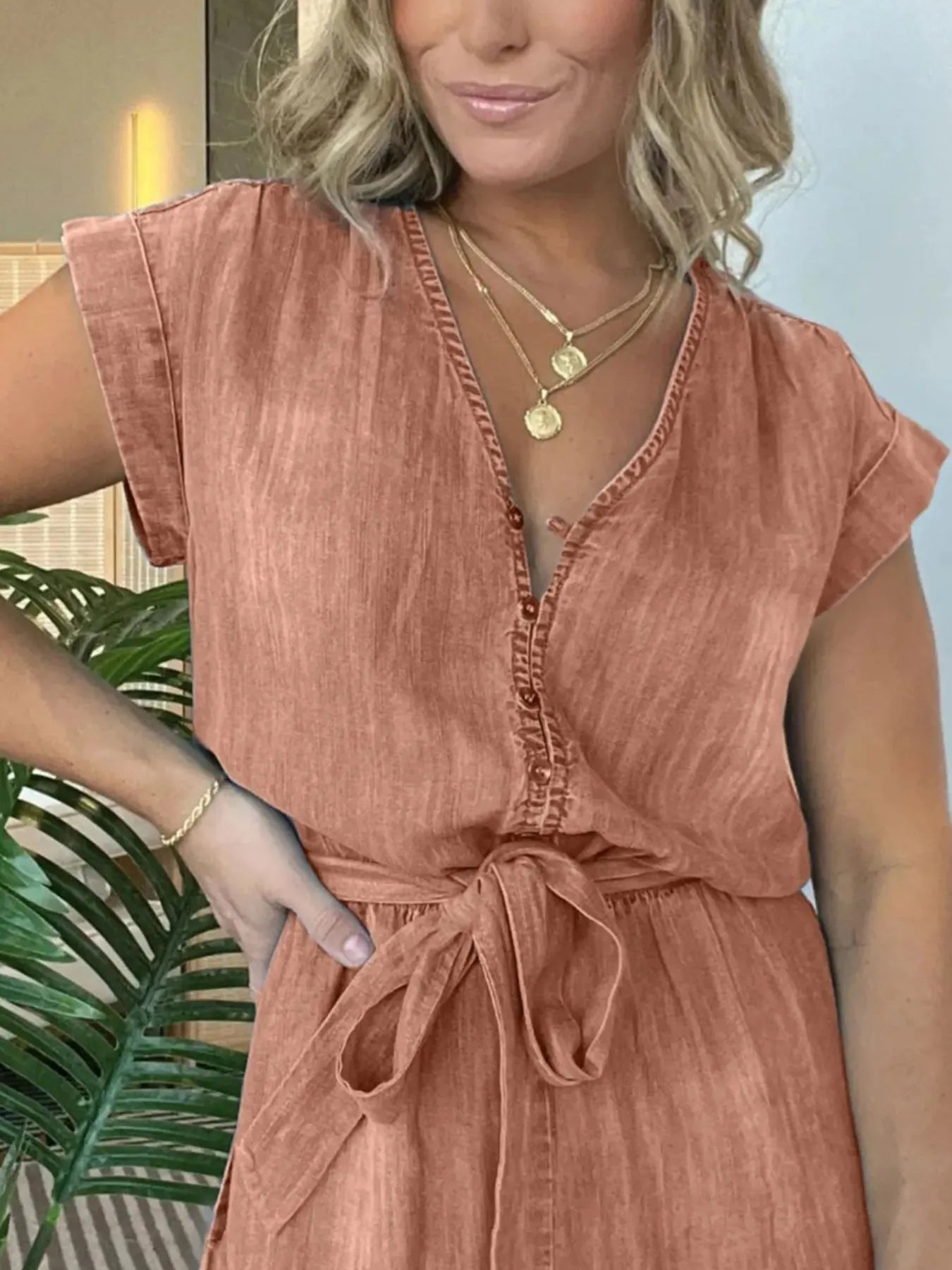 Full Size Tie Waist Cap Sleeve Denim Romper Plus Size