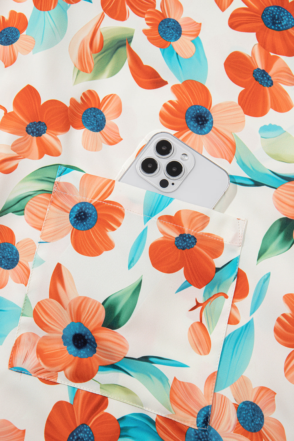 Orange Contrast Trim Floral Split Neck Puff Sleeve Mini Dress