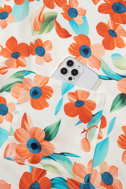 Orange Contrast Trim Floral Split Neck Puff Sleeve Mini Dress