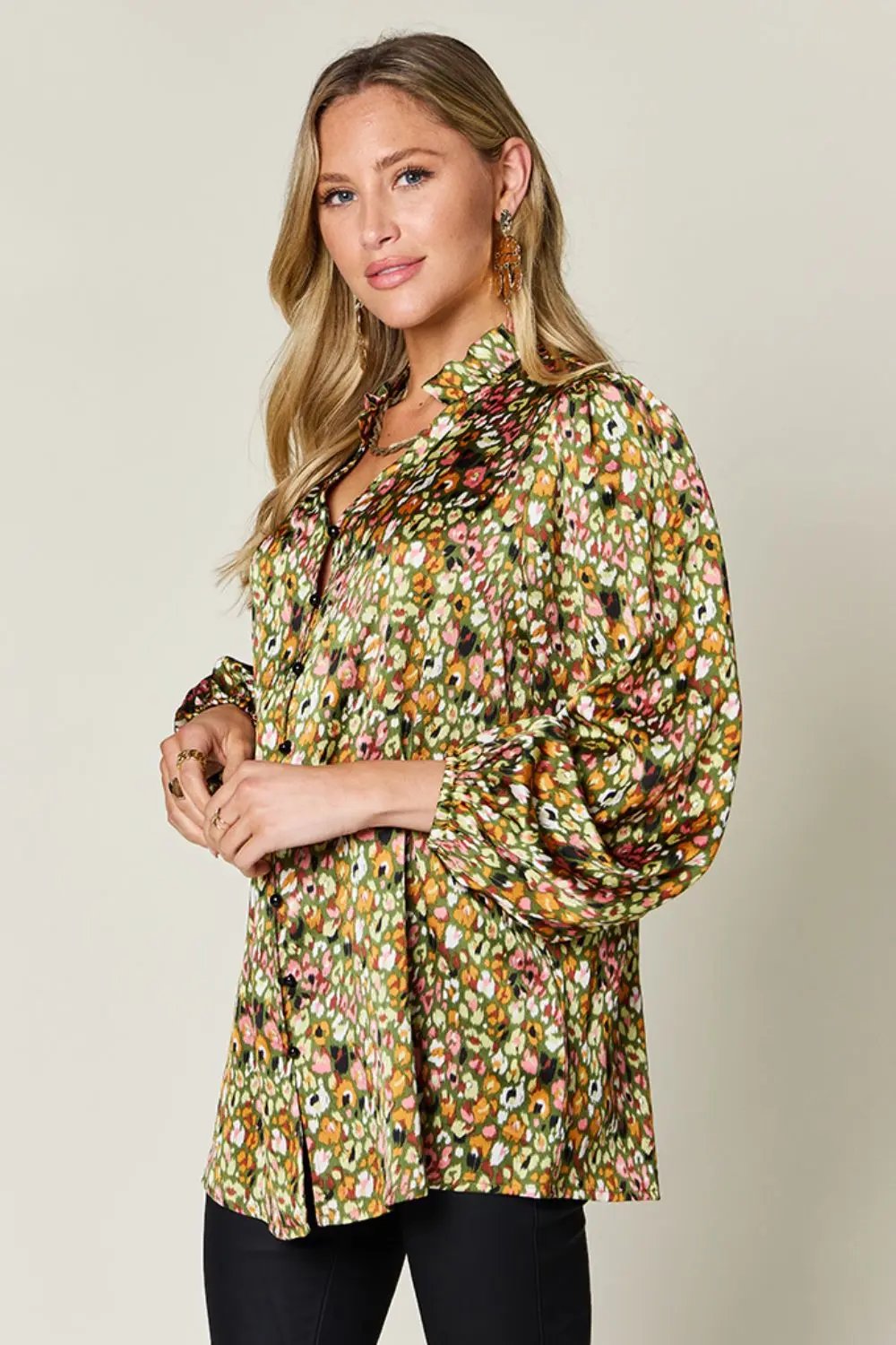 Double Take Full Size Printed Long Sleeve Blouse - Love Salve