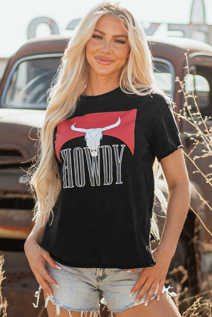Black Western HOWDY Steer Head Print Side Slits T Shirt