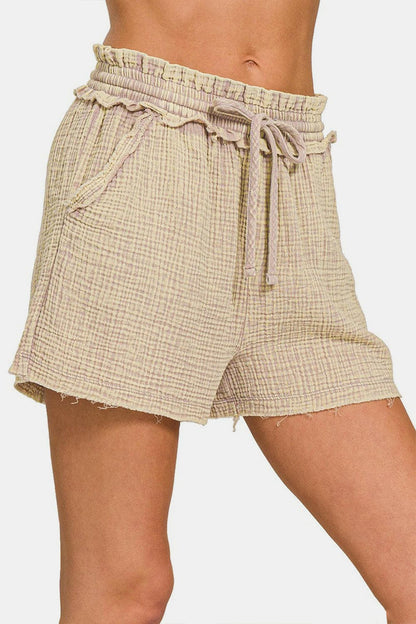 Zenana Washed Frayed Hem Drawstring Shorts.