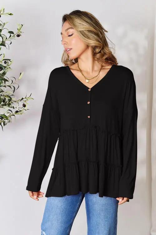 Double Take Half Button Long Sleeve Ruffle Hem Blouse - Love Salve