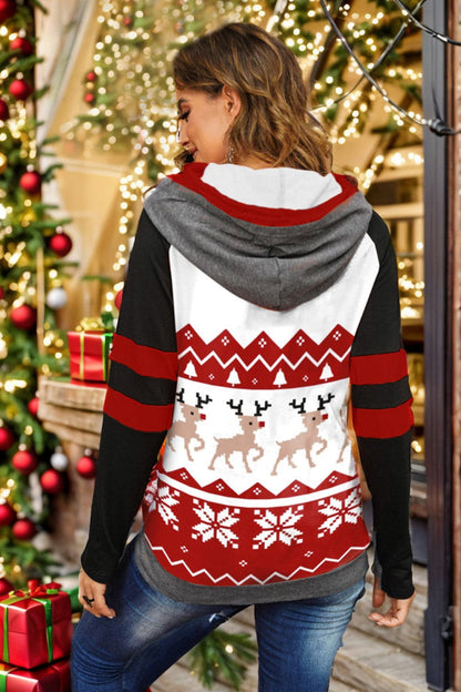 Double Take Full Size Christmas Drawstring Long Sleeve Hoodie.