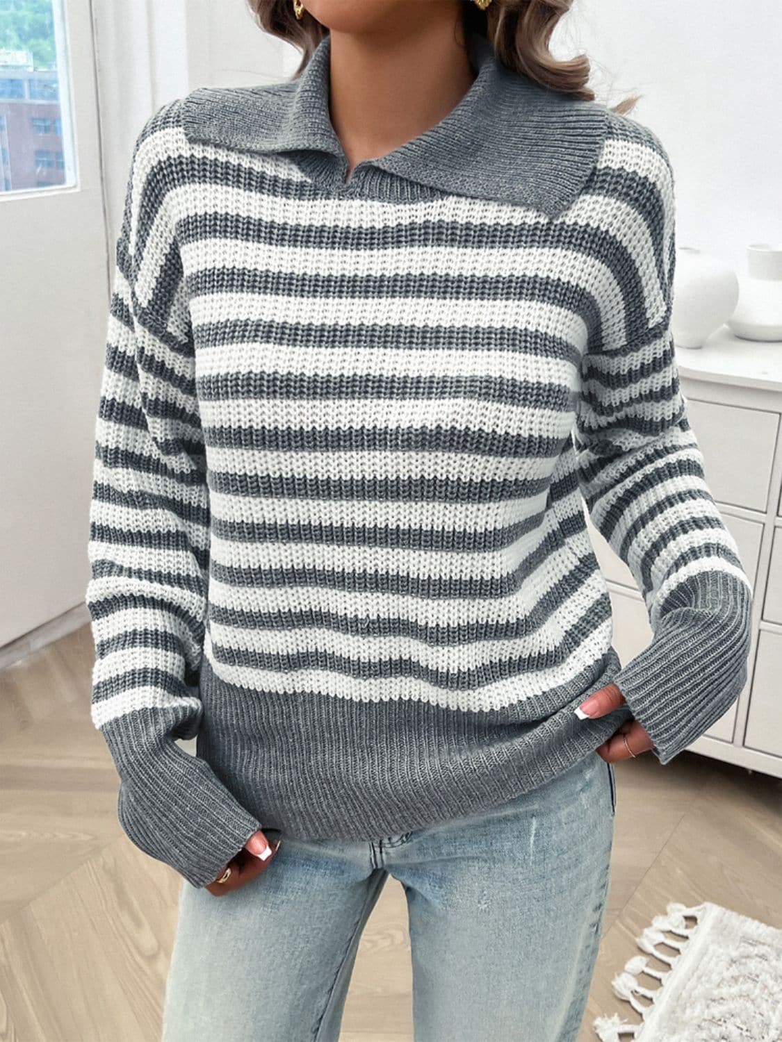 Striped Collared Neck Long Sleeve Sweater.